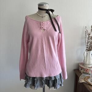 Pink boat neck button coquette sweater